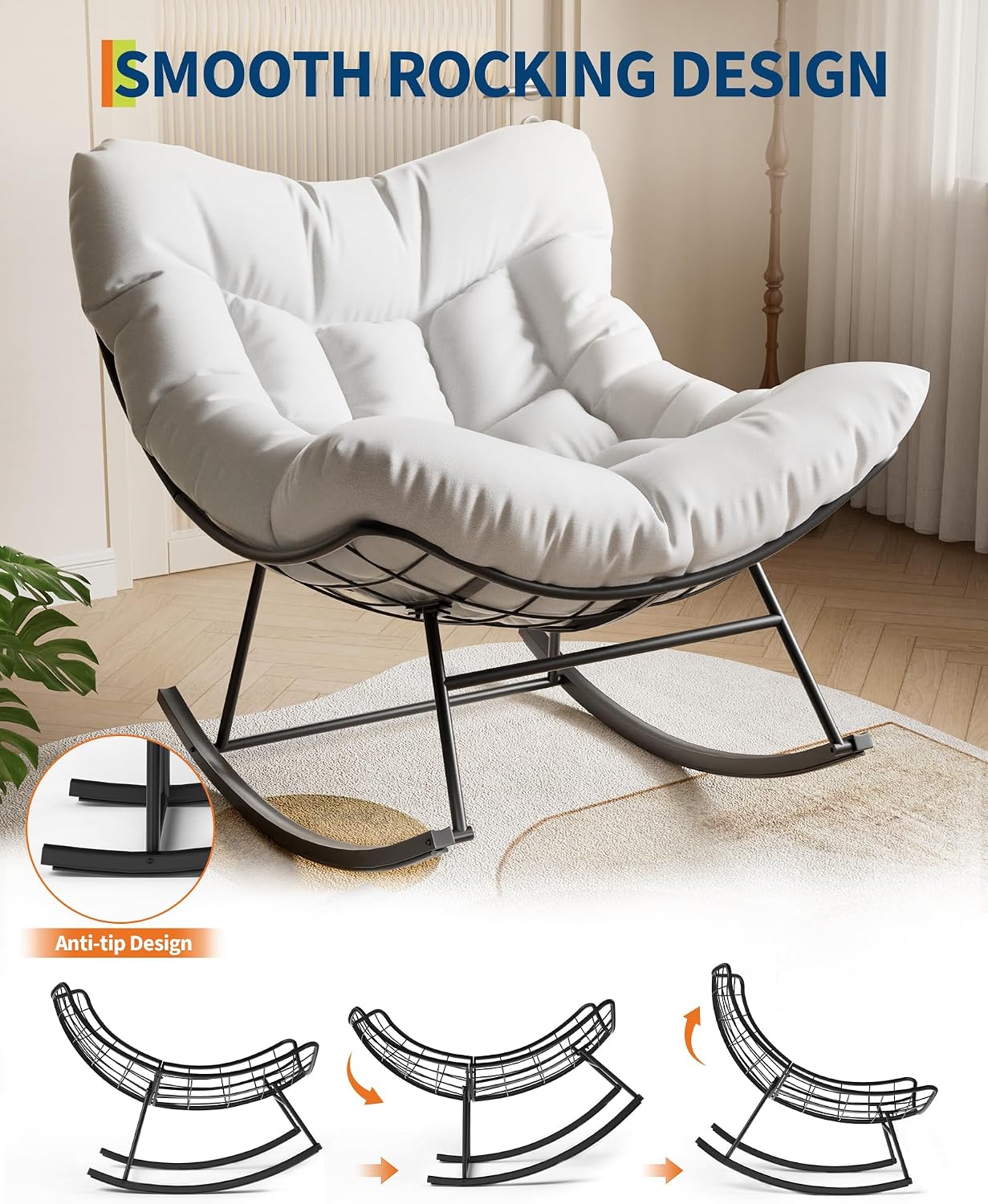 GarveeLife Outdoor Papasan Rocking Chair, Oversized Rocking Chair with Sturdy Metal Frame, Patio Egg Rocker for Balcony Backyard Porch Bedroom, White