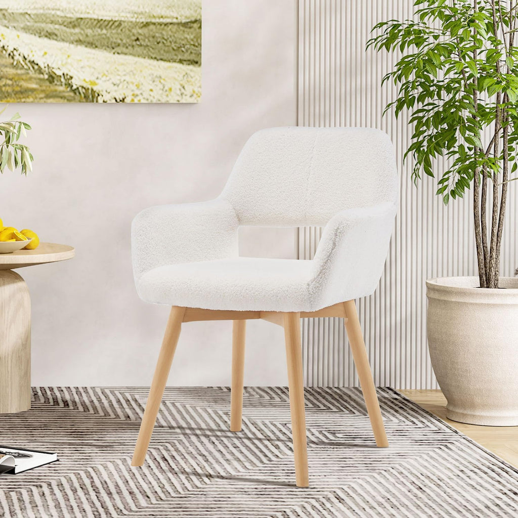 Desk Chair No Wheels Vanity Chair Makeup Chair Comfy Accent Chair for Living Dining Room Bedroom Home Office Mid Century Modern Upholstered Armchair Sofa with Wood Legs (Wool White, 1)