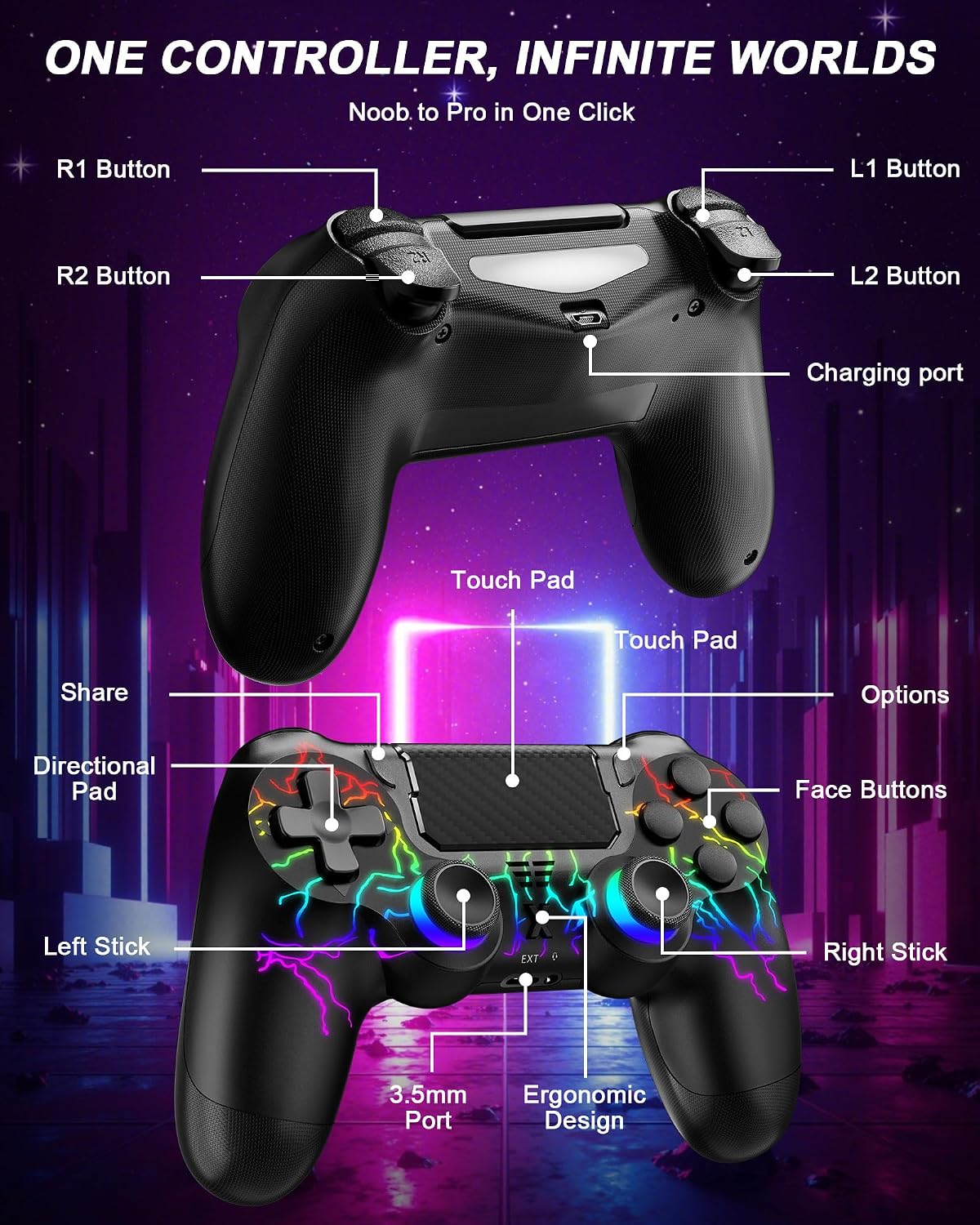 Wireless Controller for PS-4, Dual Vibration Game Joystick/Motion Sensing/Touchpad/Speaker/3.5mm Audio Jack Headphone, Upgraded Six-Axis Sensor, Compatible with PS4/Slim/Pro Console/PC (black-crack)