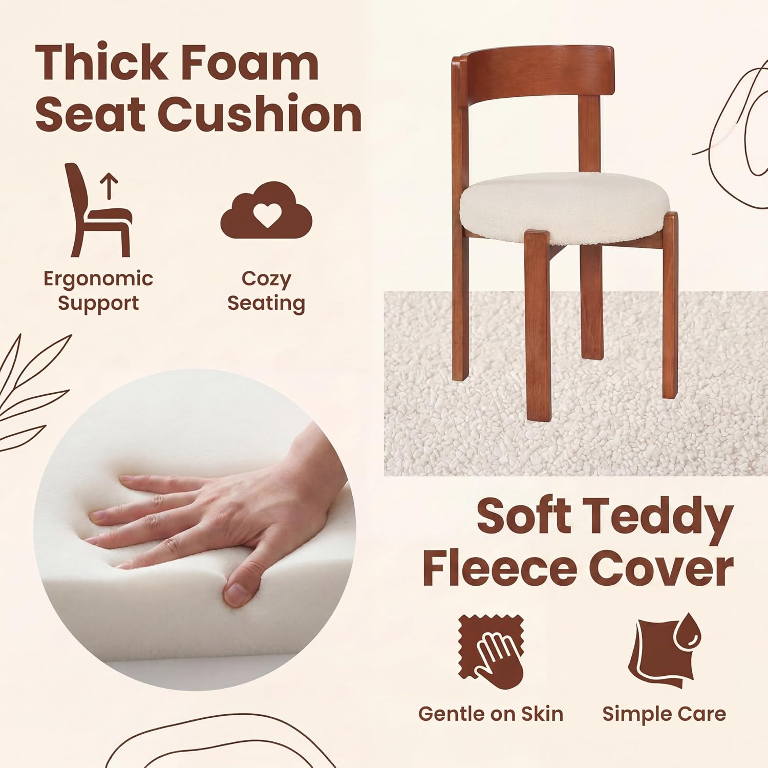 COSTWAY Wooden Dining Chairs Set of 4, Armless Upholstered Kitchen Chairs w/Curved Back & Teddy Fleece Padded Seat, Mid-Century Modern Accent Side Chair for Dining Room & Nooks, Small Space (Brown)