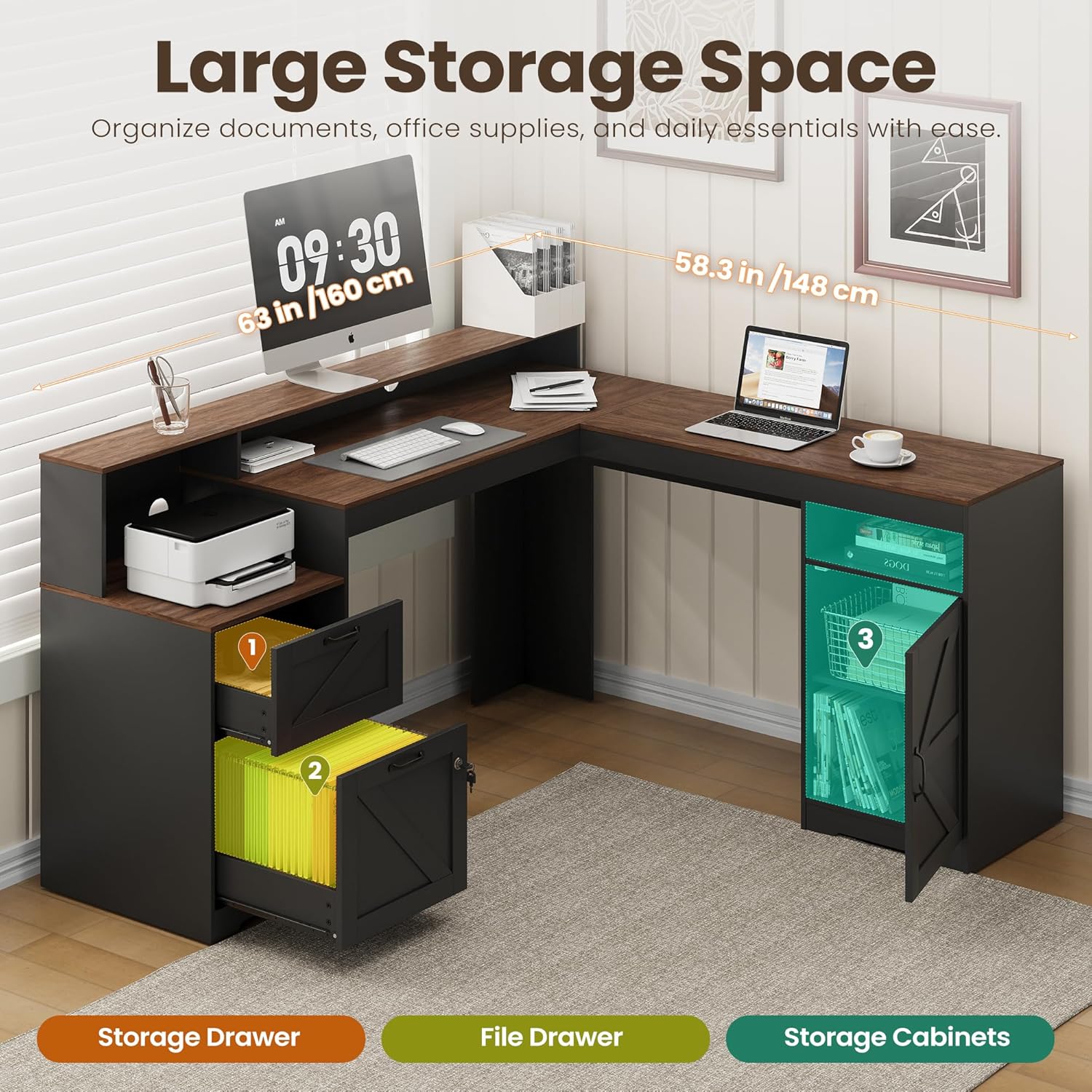 MALOL 63" Farmhouse L Shaped Executive Desk, Corner Computer Desk with Drawers & Storage Shelf, Home Office Desk with Power Outlet, Monitor Stand, Wood Grain Desktop, Black & Rustic Brown