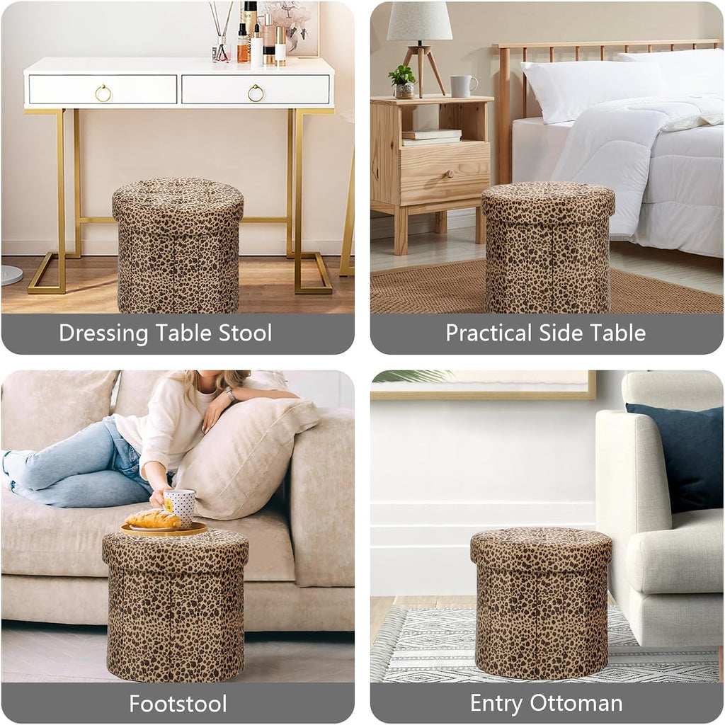 AmasSmile Storage Ottoman Folding Foot Rest Stool, 14x14x13 inch Small Velvet Footstool Bench, Short Ottoman Bench, Storage Foot Rest Store, Blanket Chest, Leopard Print