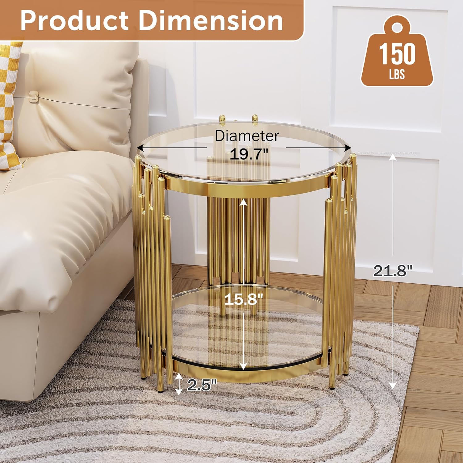 Luxury Gold Round Glass End Table Set of 2, 19.7" Modern Side Table with Stainless Steel Irregular Leg Clear Tempered Glass Tabletop, Accent Furniture for Living Room, Clear