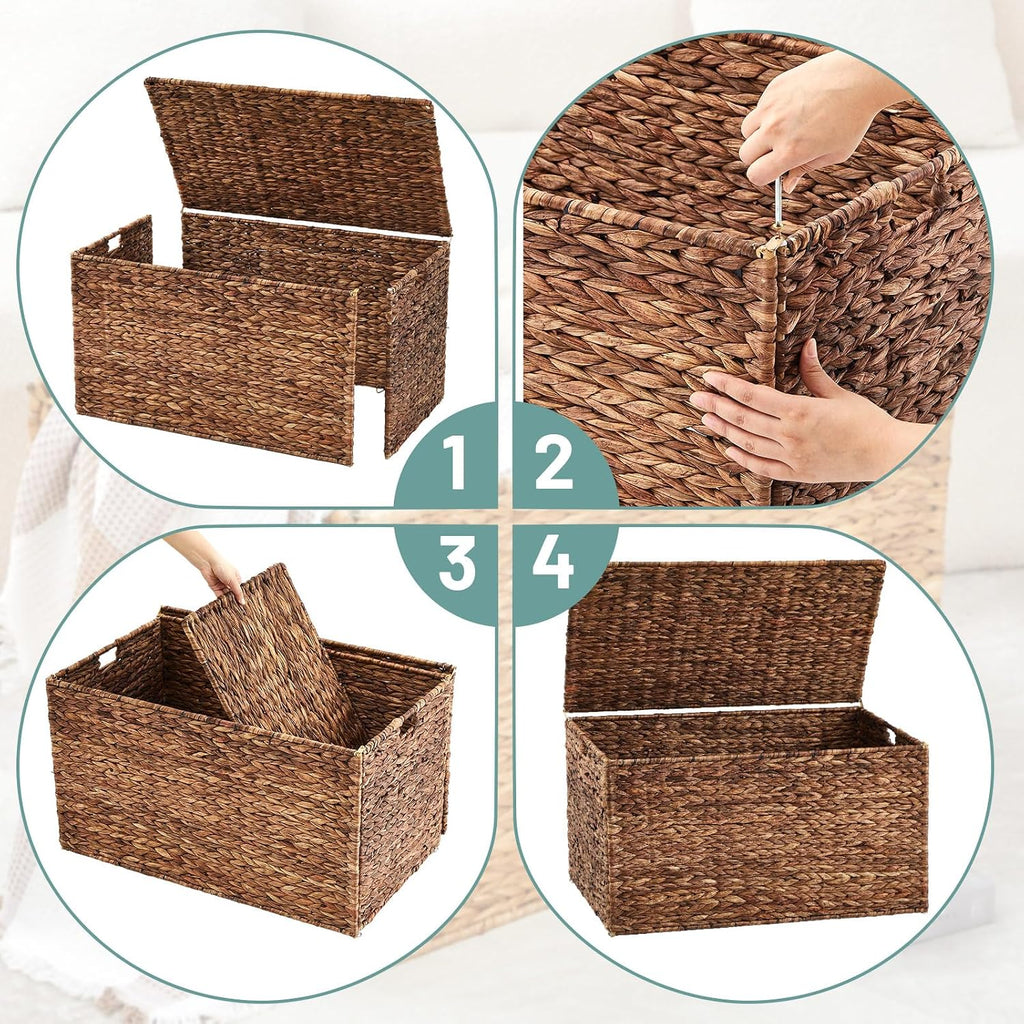 Wonderjune 30 x 17.7 x 17.7 Inch Water Hyacinth Wicker Storage Trunk with Metal Frame, Heavy Duty Storage Chest with Lid Large Rattan Basket for Blankets, Seasonal Clothes, Extra Bedding (Brown)