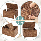 Wonderjune 30 x 17.7 x 17.7 Inch Water Hyacinth Wicker Storage Trunk with Metal Frame, Heavy Duty Storage Chest with Lid Large Rattan Basket for Blankets, Seasonal Clothes, Extra Bedding (Brown)