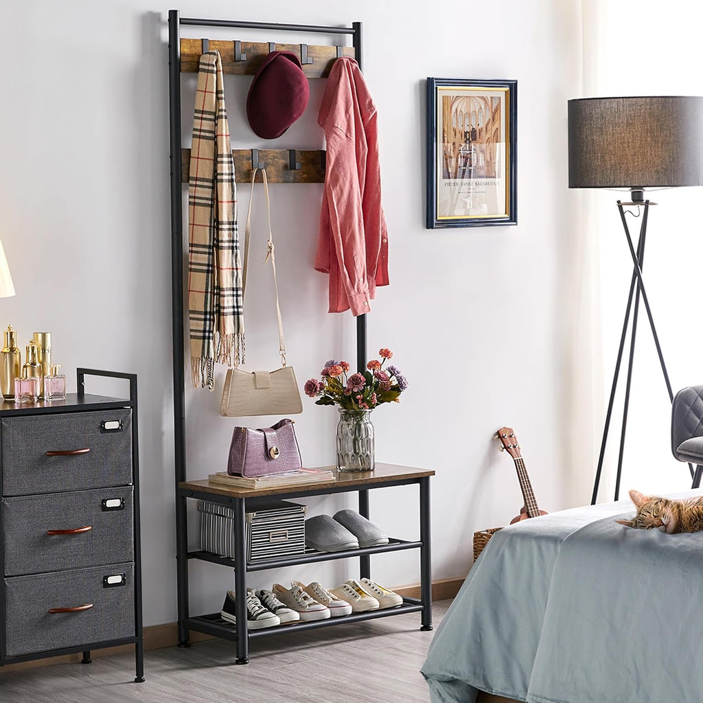 Yaheetech Metal Hall Tree with Shoe Storage Bench Entryway Coat Rack with 2 Shoe Shelves & 9 Movable Hooks, Rustic Brown