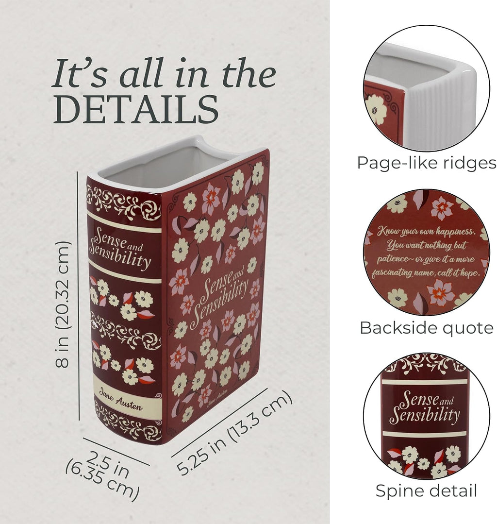 Steel Mill & Co Original Jane Austen Book-Shaped Decorative Vase, Ceramic Vases for Home Decor, Cute Bookshelf Decor, Unique Vase for Book Lovers (Sense and Sensibility)