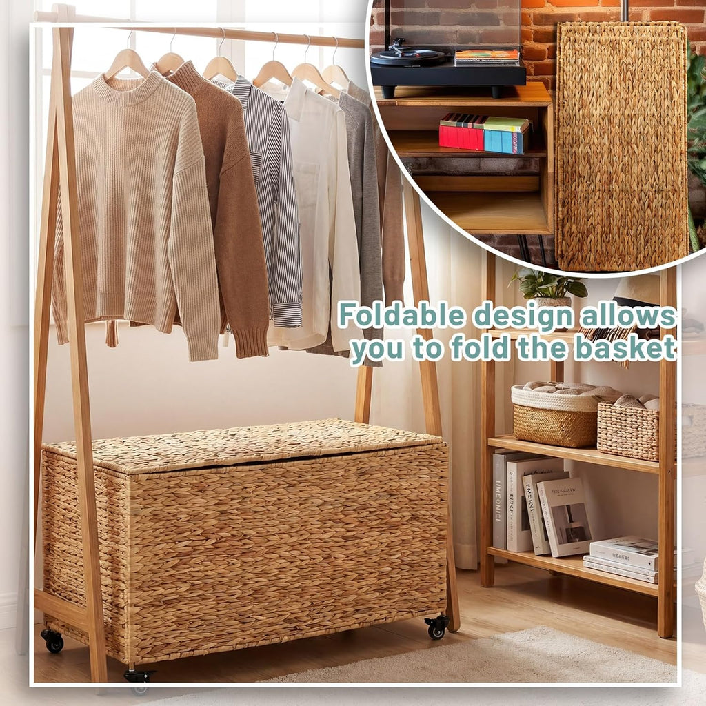 Wonderjune 36 x 20 x 18.5 Inch Rolling Wicker Storage Basket with Lid and Locking Wheels, Water Hyacinth Storage Trunk, Heavy Duty Metal Frame Woven Blanket for Seasonal Clothes Laundry Room, Bedroom
