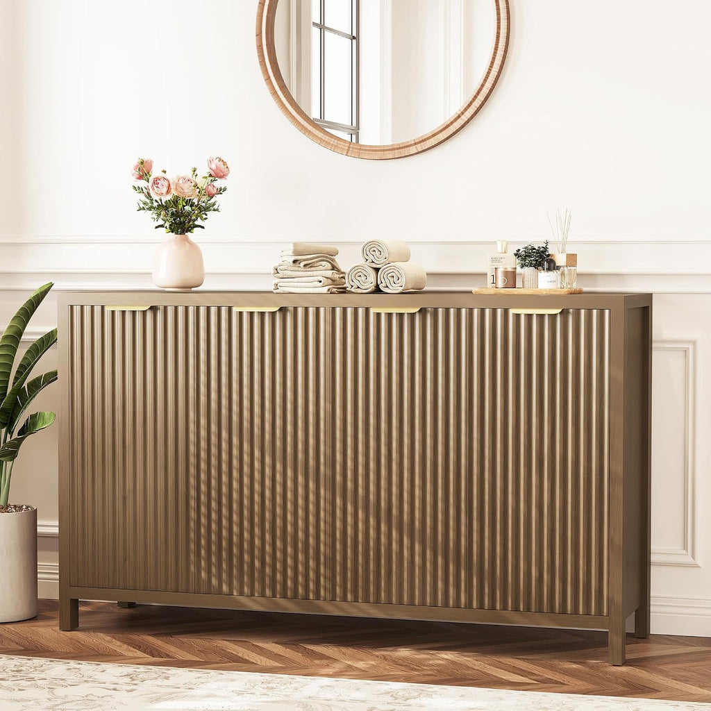 Fluted Buffet Cabinet with Storage, 55" Sideboard Cabinet with 4 Doors, Modern Credenza Accent Console Cabinet Coffee Bar Table for Living Room Dining Room Hallway, Walnut