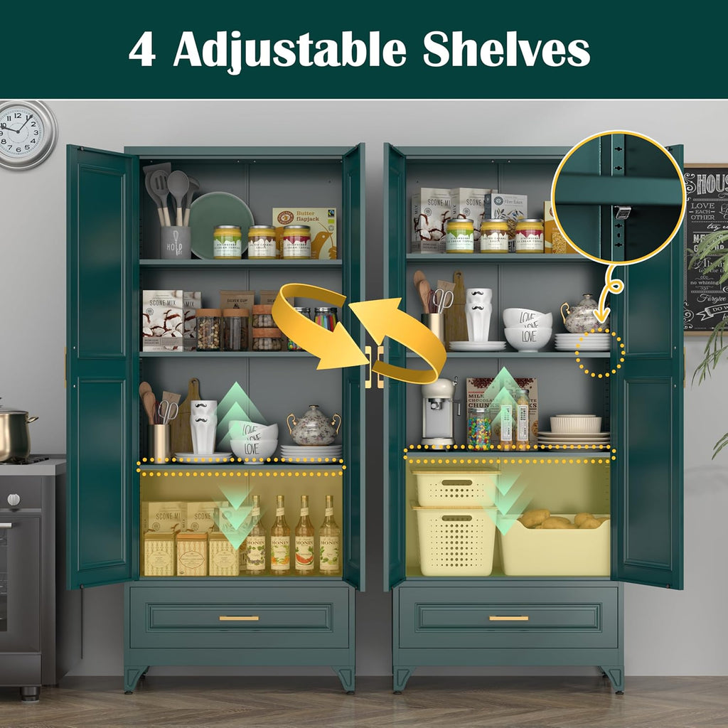 SteeLoong 75" Kitchen Pantry Cabinet with Drawer, Metal Storage Cabinets with Doors and 3 Adjustable Shelves,Green Kitchen Cabinet with 2 Gold Handles,Food Cupboard for Livingroom,Pantry, Bathroom