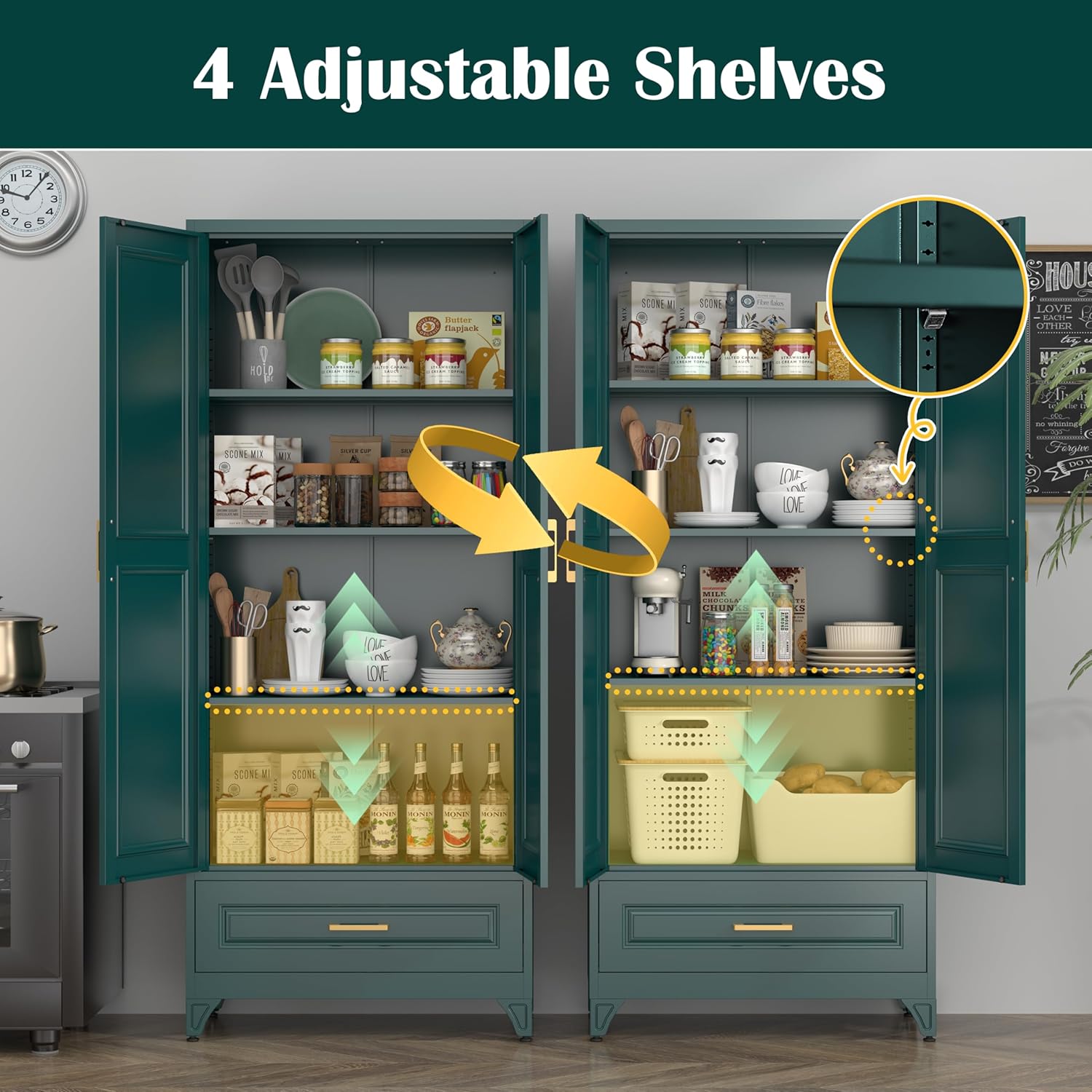 SteeLoong 75" Kitchen Pantry Cabinet with Drawer, Metal Storage Cabinets with Doors and 3 Adjustable Shelves,Green Kitchen Cabinet with 2 Gold Handles,Food Cupboard for Livingroom,Pantry, Bathroom