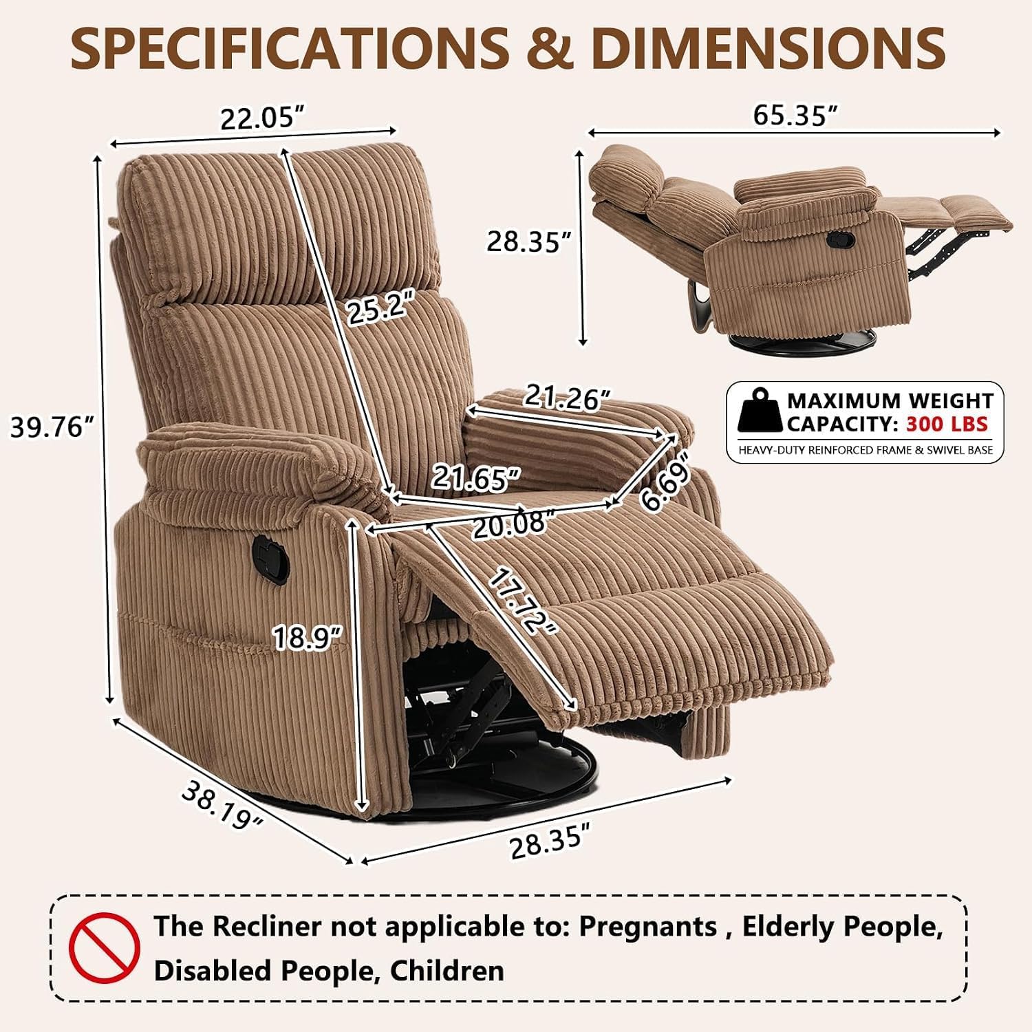 Super Soft Brown Rocking Chair Nursery Recliners, Small Recliner Rocking Chair for Small Spaces, Manual Swivel Glider Recliner for Living Room Bedroom Office, Corduroy, Adjustable Backrest (Brown, 1)