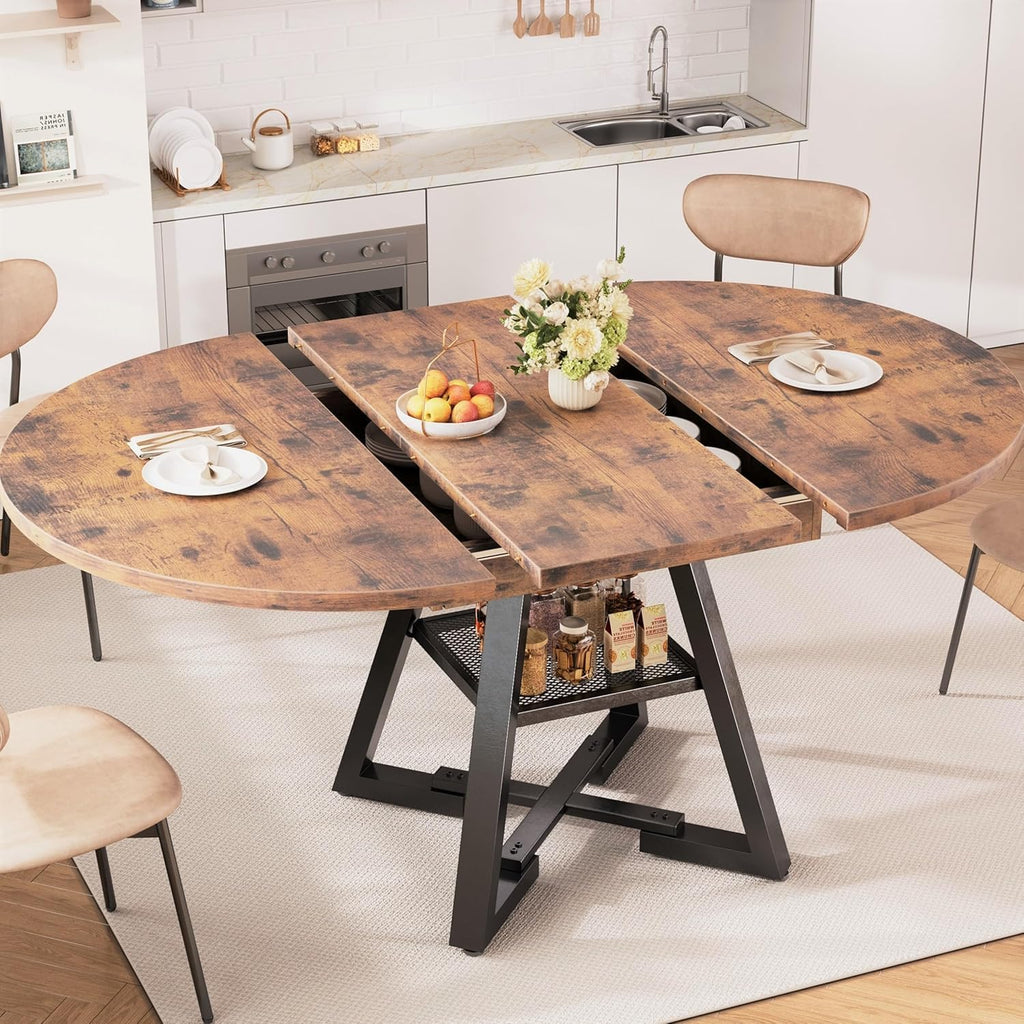 47‘’-61‘’ Extendable Round Dining Table for 6-8, Modern Industrial Kitchen Oval Dining Table with Removable Leaves, Space Saving Pedestal Base with Storage Shelf for Kitchen Living Room (Vintage)