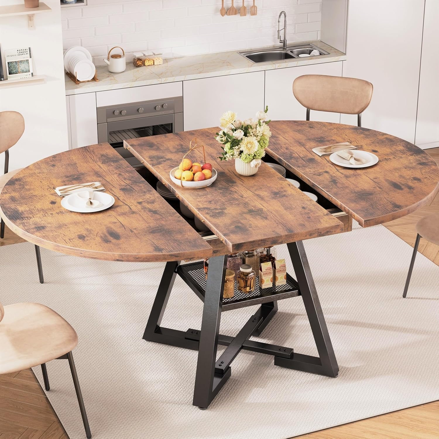 47‘’-61‘’ Extendable Round Dining Table for 6-8, Modern Industrial Kitchen Oval Dining Table with Removable Leaves, Space Saving Pedestal Base with Storage Shelf for Kitchen Living Room (Vintage)