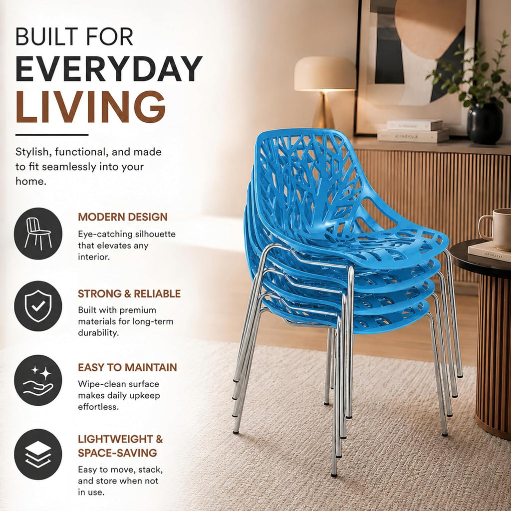 LeisureMod Asbury Modern Dining Chair Blue Color, Polypropylene Seat with Chrome Legs, Comfortable Solid Back Kitchen and Dining Room Chairs, Affordable Contemporary Seating