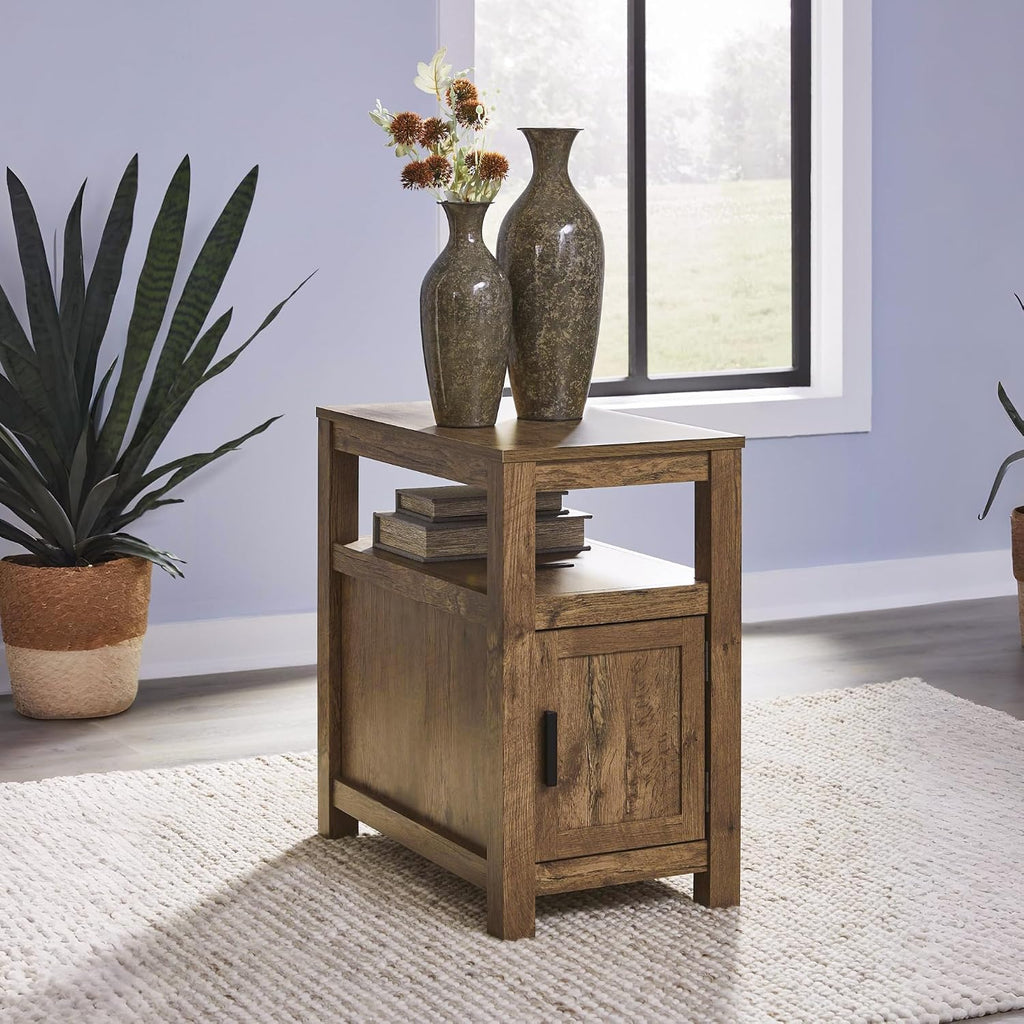 Signature Design by Ashley Fendenmore Farmhouse Chairside End Table with Storage and USB Ports, Dark Brown