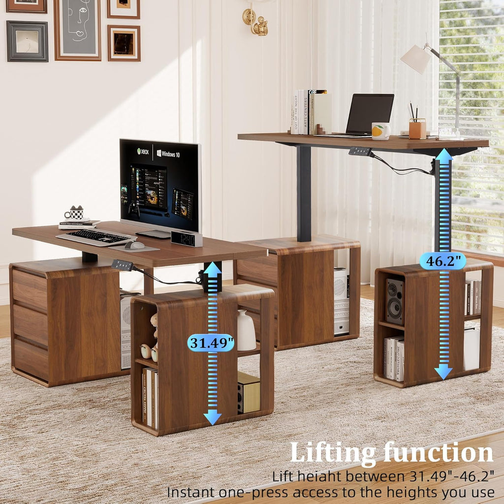 AVZEAR Farmhouse Electric Standing Desk, 55" Height Adjustable Computer Stand up Desk with 3 Drawers and Storage Shelf, Mid Century Modern Home Office Desk Wood Sit Stand Desks for Work, Study, Walnut
