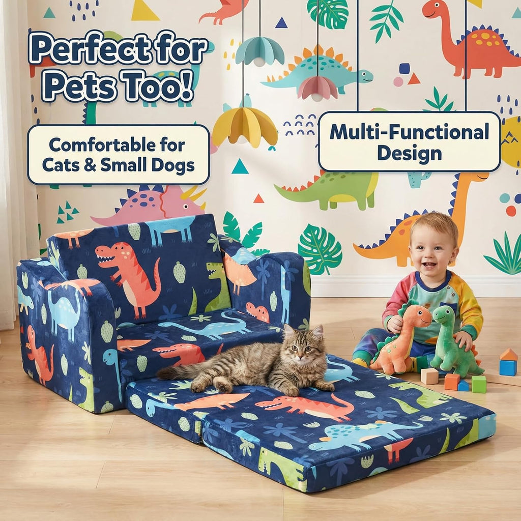 Kids Couch Sofa Toddler Sofa Dinosaur 2-in-1 Foldable Toddler Couch Bed Flip Open Kids Chair for Playroom Bedroom Gift Boys Girls