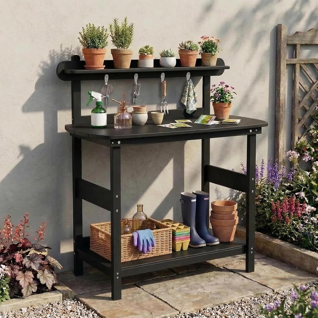 Potting Bench Table with 3-Tier Storage, HIPS Outdoor Gardening Table with 4 Self-Tapping Screws, Heavy Duty All-Weather Planting Bench with Curved Edges for Patio, Backyard, Garden(Black)