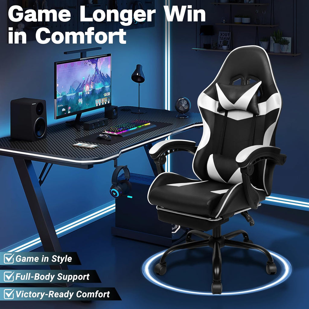 Xcity Gaming Chair, Height Adjustable Desk Chair with 90°-155° Reclining Backrest & Footrest,Ergonomic Computer Chair Supports Up to 330 lbs for Gamer, Office and Home (Black & White)
