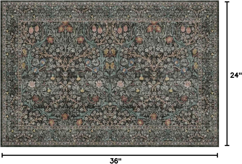 Dark Green Washable Entry Rug - Front Door Throw Rugs Indoor, Non-Slip Bathroom Small Rugs, Vintage Floral Thin Rug for Kitchen, Boho Entryway Décor (2x3 Dark Green)