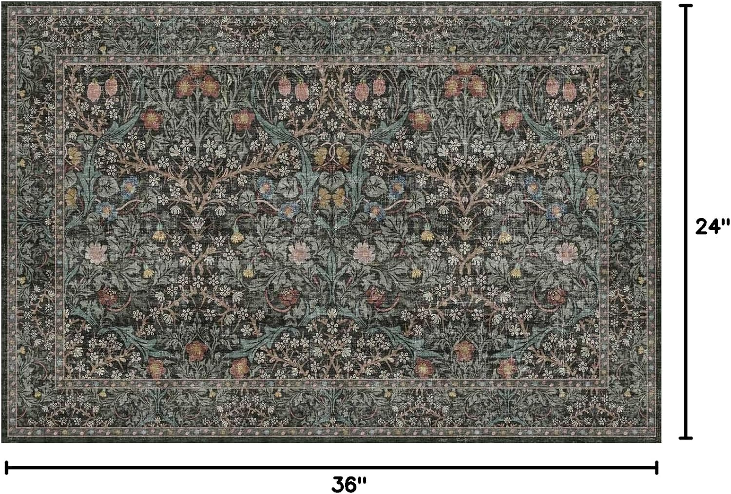 Dark Green Washable Entry Rug - Front Door Throw Rugs Indoor, Non-Slip Bathroom Small Rugs, Vintage Floral Thin Rug for Kitchen, Boho Entryway Décor (2x3 Dark Green)