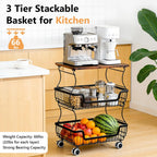 2 Pack Utility Rolling Cart 3-Tier Metal Storage Organizer Cart with Wooden Top Snack Rack Pantry Cart with Wheels for Kitchen, Bathroom, Office, Bedroom, Living Room, Black
