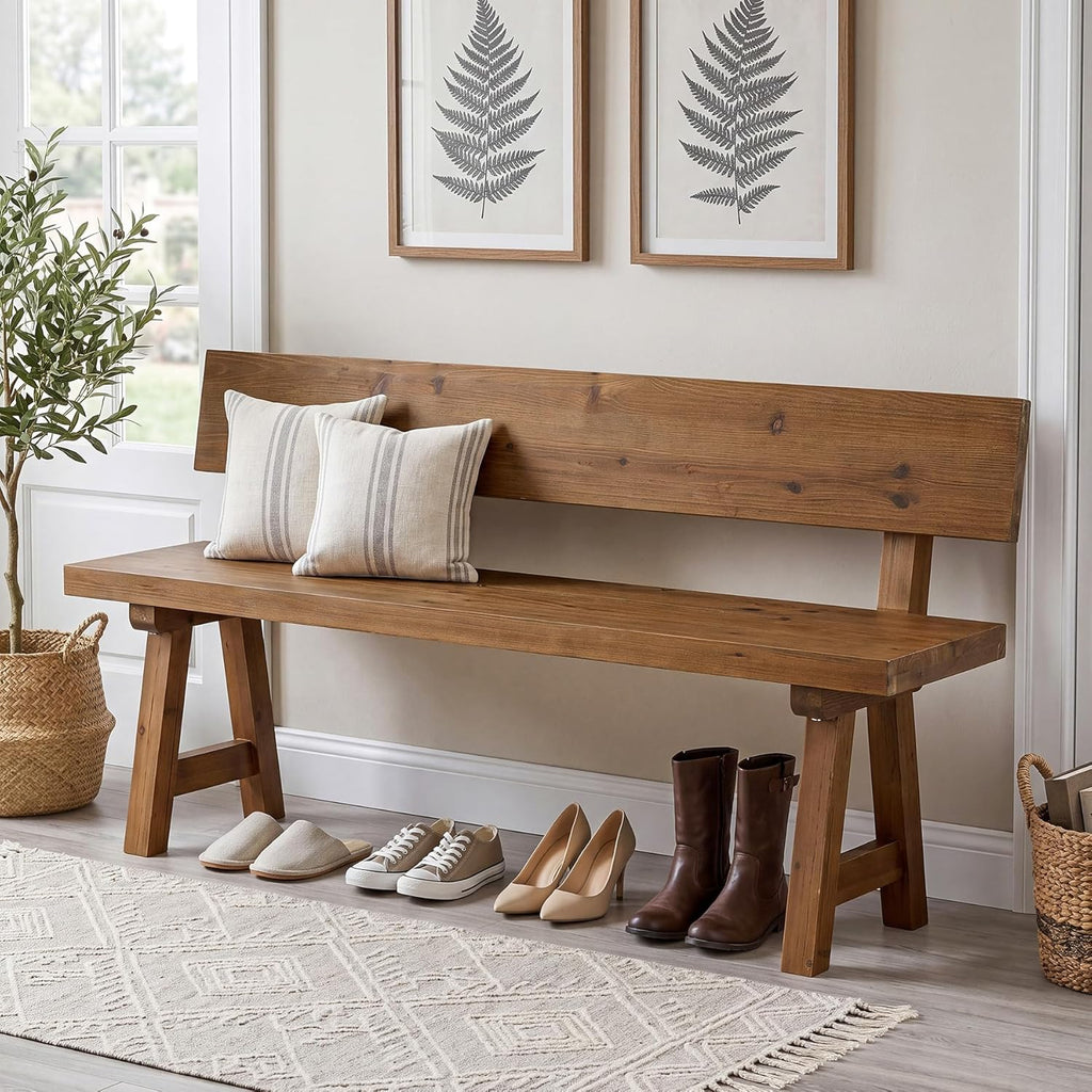 LITTLE TREE Solid Wood Bench with Back, 47-Inch Long Farmhouse Wooden Indoor Window Bench Seat for Entryway, Mudroom, Living Room, Easy Assembly, Rustic Brown