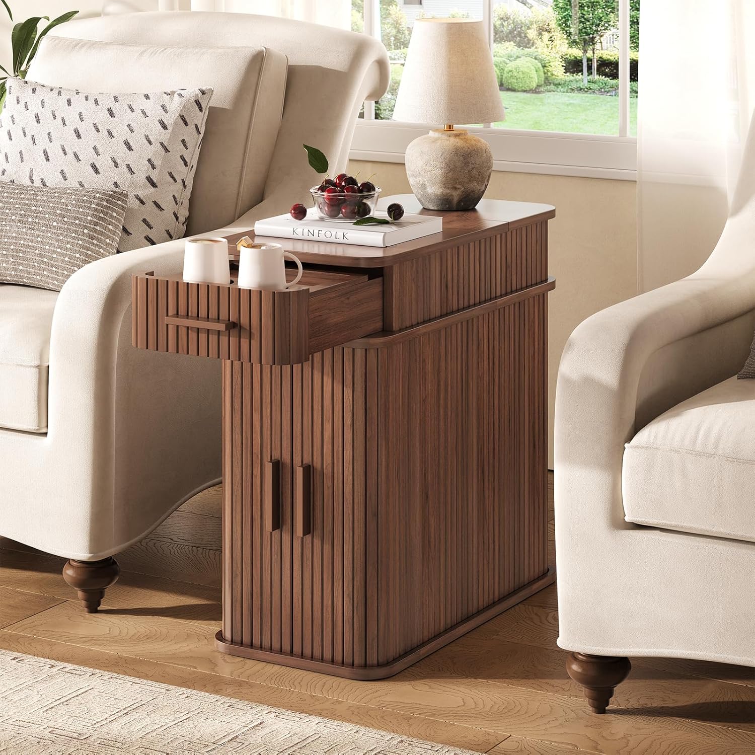 Fluted Narrow Side Table with Drawers, Mid Century Modern End Table with Charging Station, Small Couch Table for Living Room, Skinny Bedside Table Nightstand for Small Space Bedroom Walnut