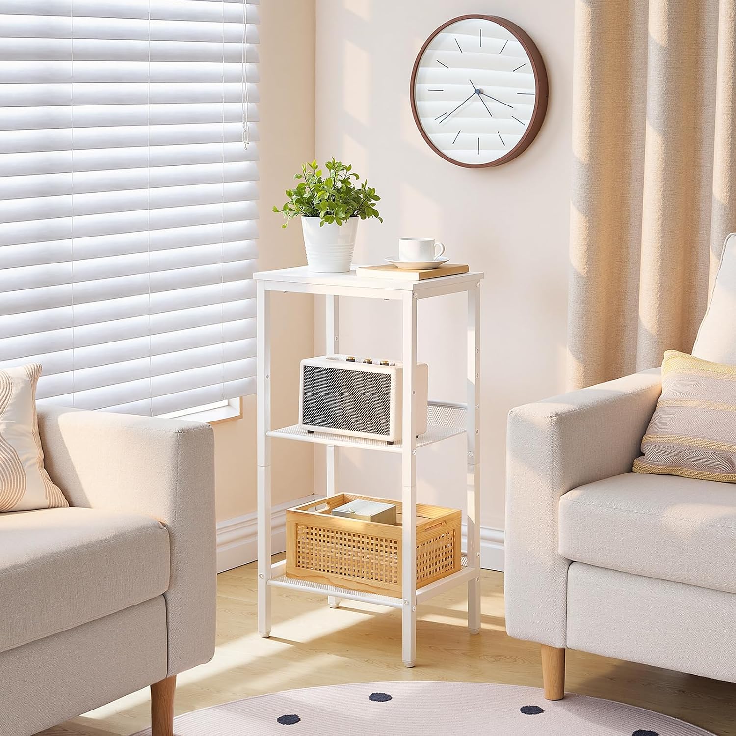 HOOBRO Tall Side Table, 3-Tier Telephone End Table with Adjustable Mesh Shelves, Small Entryway Table with Storage, Small Nightstand for Living Room, Bedroom, Hallway, Office, White WW01DH01G1