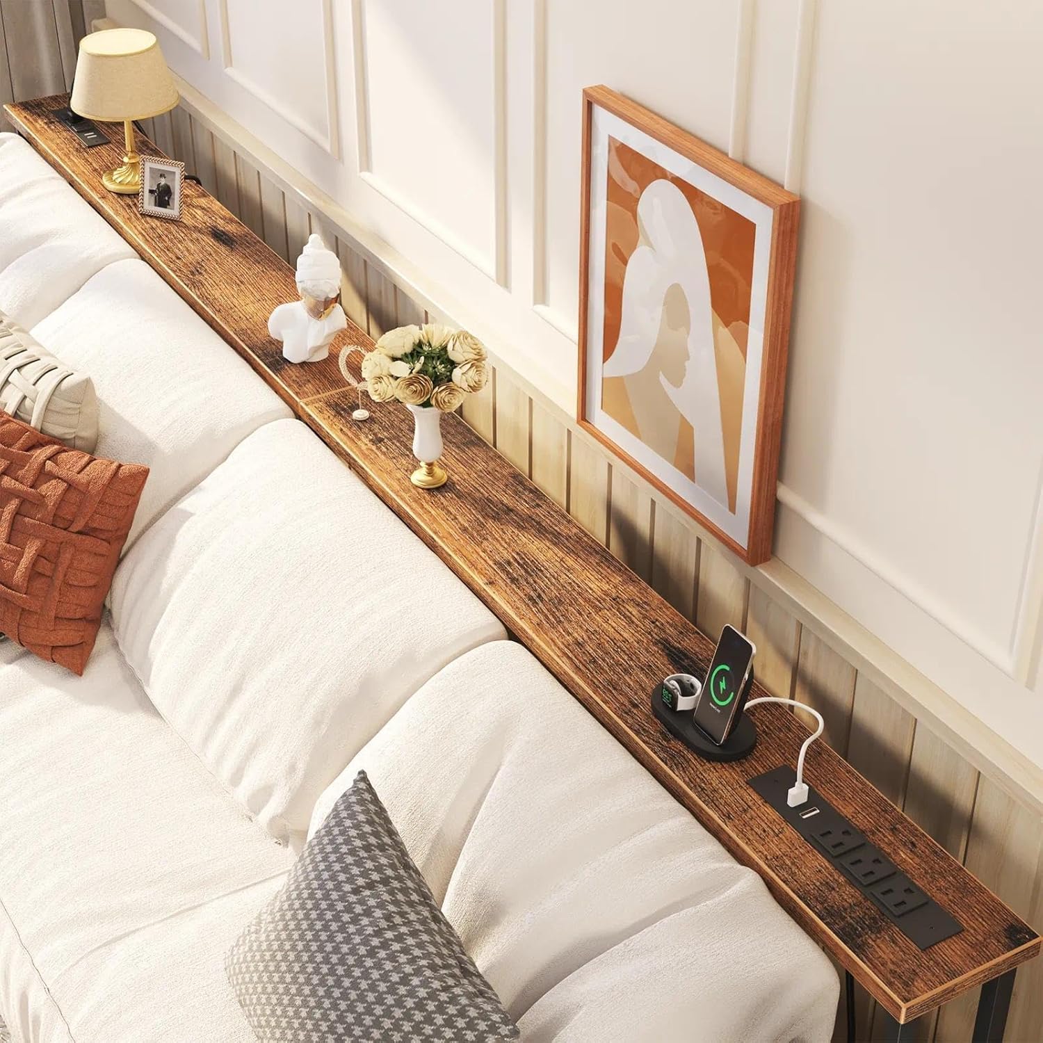 78.7’’ Narrow Console Table with 26"–34" Height Adjustable, Behind Couch Table Skinny with 2 Power Outlets and USB Ports, Long Sofa Tables for Living Room and Small Spaces, Rustic Brown