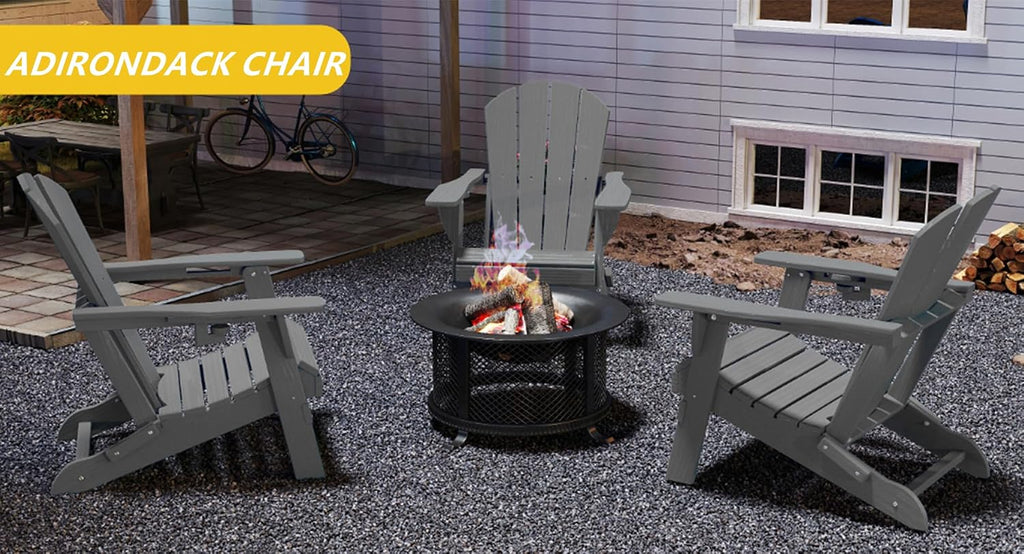 Kingdura Foldable Adirondack Chairs Set of 4, Portable HDPE All Weather Resistant Outdoor Patio Chair, Wooden Textured with Cup Holder, 380LBS Capacity for Poolside, Backyard, Deck, Fire Pit (Grey)