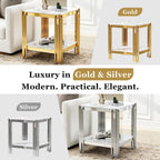 19" Square White Faux Marble End Table with Gold Mirror-Finish Stainless Steel Frame, Luxury Modern 2-Tier Side Table for Living or Bedroom
