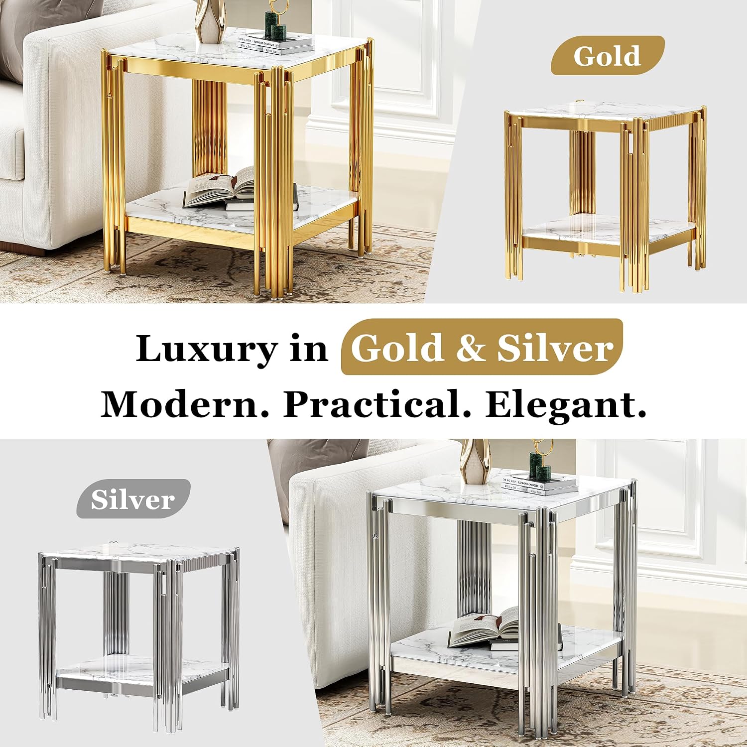19" Square White Faux Marble End Table with Gold Mirror-Finish Stainless Steel Frame, Luxury Modern 2-Tier Side Table for Living or Bedroom