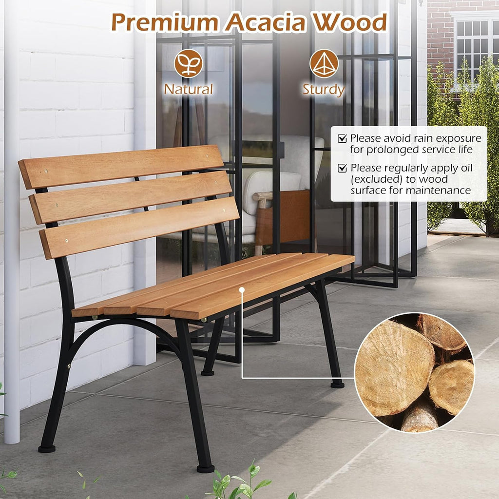 Tangkula Acacia Wood Outdoor Bench with Backrest, Patio Loveseat with Heavy Duty Metal Frame, Slatted Backrest and Seat, Park Bench for Outside Front Porch, Garden and Backyard