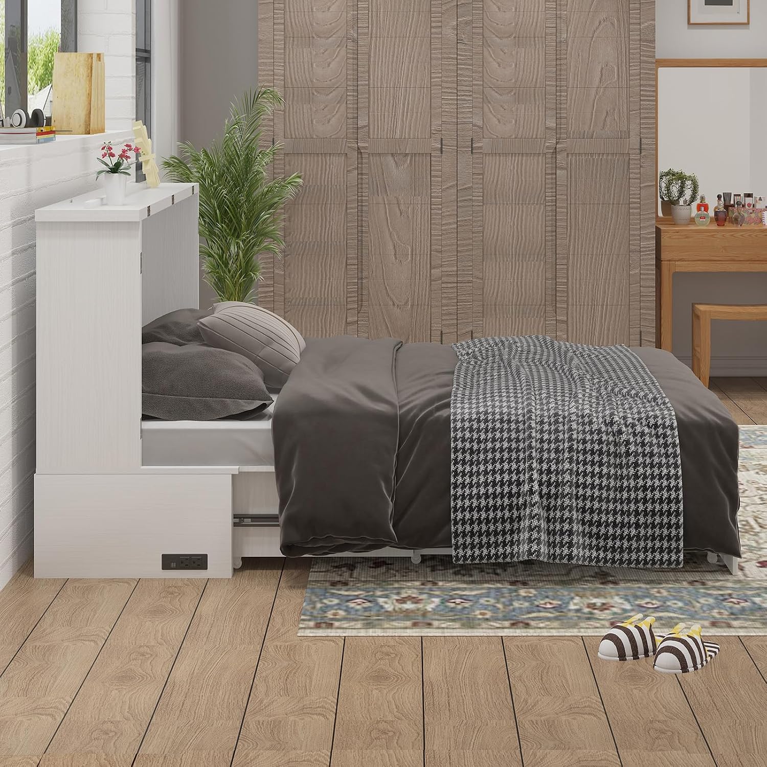 BALUS Queen Murphy Bed with Tri-Fold Memory Foam Mattress, Built-in USB Charging Station, Modern Wall Bed Cabinet with Storage Drawers, Murphy Chest Cube Guest Beds for Living Room Apartment, White