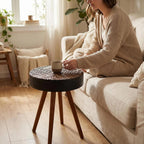 Round Wooden End Table with Retro Carved Brown Top & Black Wood Support Legs, Vintage 15.7" Small Circle Sofa Side Table for Living Room Bedroom (Brown, 4 Legs Support)