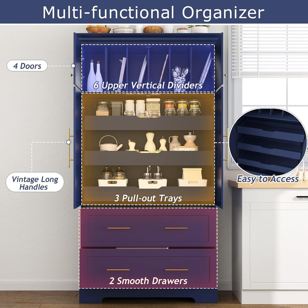 roomfitters 73 Inch Large Kitchen Pantry with 4 Doors, Pull-Out Trays and Cake Pan Organizer, Blue