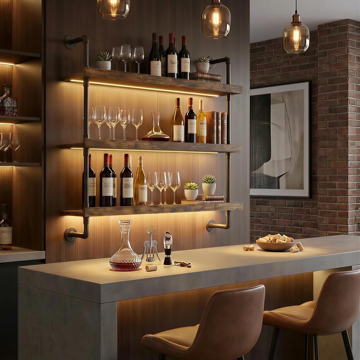 23.6“ Wall Mounted Wine Rack with LED Lights,3-Tier Floating Bar Shelf for Liquor Bottle Display & Storage,Modern Wine Shelf Organizer for Kitchen, Home Bar & Dining Room