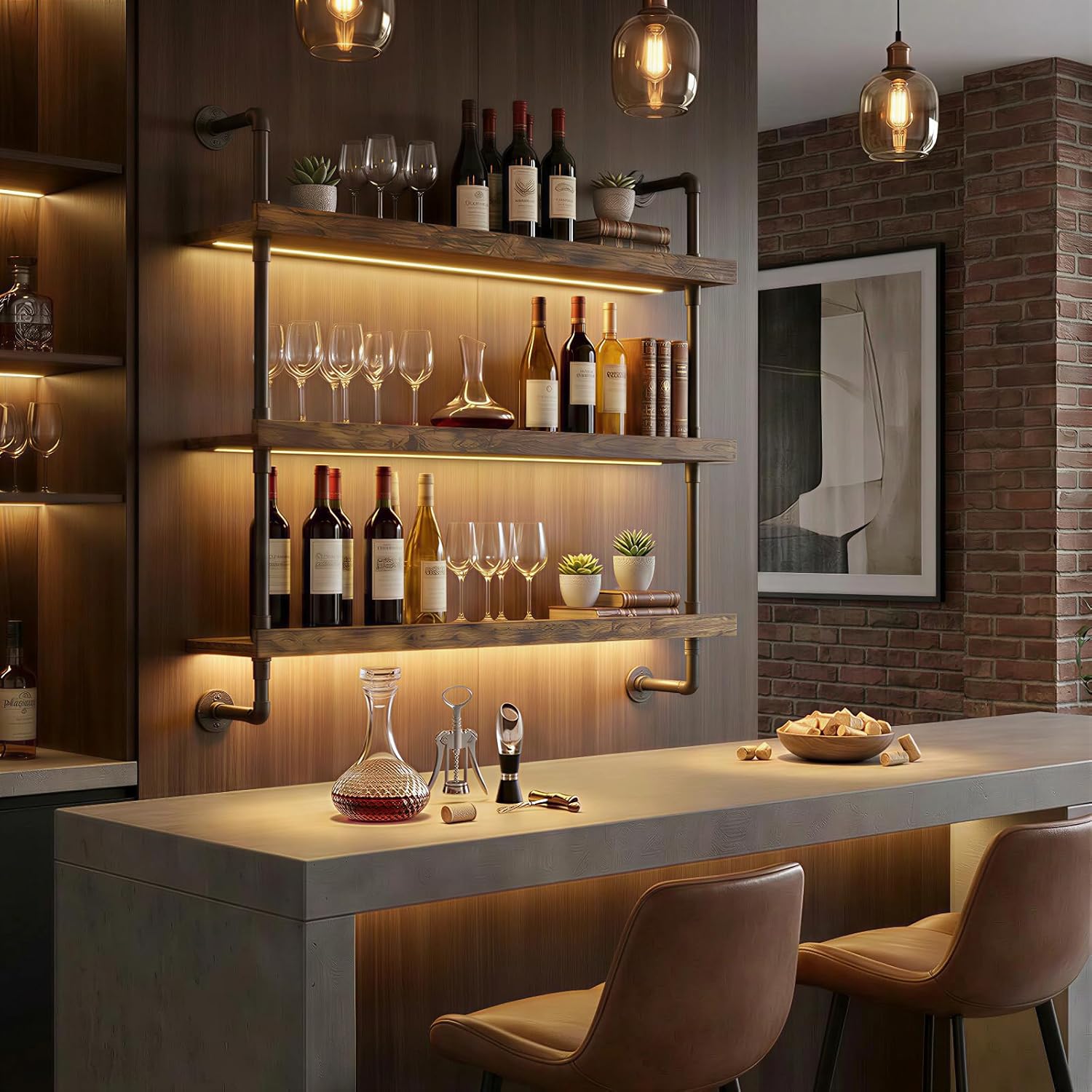 23.6“ Wall Mounted Wine Rack with LED Lights,3-Tier Floating Bar Shelf for Liquor Bottle Display & Storage,Modern Wine Shelf Organizer for Kitchen, Home Bar & Dining Room