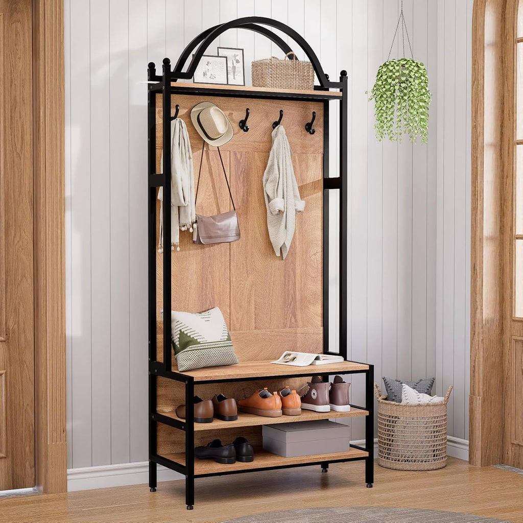 76.8" Hall Tree with Bench and Shoe Storage, 6-in-1 Entryway Coat Rack with 5 Hooks, Arched Hall Tree for Entryway, Mudroom or Foyer, Metal Frame Shoe Organizer with Open Bottom Shelf, Natural