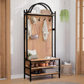 76.8" Hall Tree with Bench and Shoe Storage, 6-in-1 Entryway Coat Rack with 5 Hooks, Arched Hall Tree for Entryway, Mudroom or Foyer, Metal Frame Shoe Organizer with Open Bottom Shelf, Natural