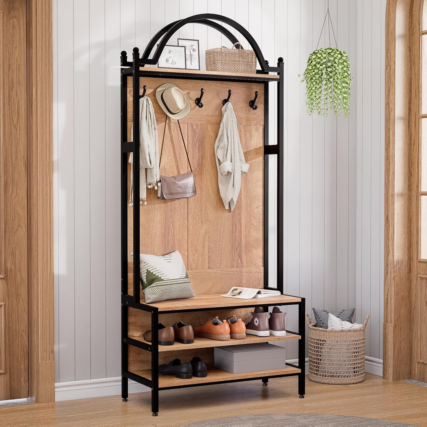 76.8" Hall Tree with Bench and Shoe Storage, 6-in-1 Entryway Coat Rack with 5 Hooks, Arched Hall Tree for Entryway, Mudroom or Foyer, Metal Frame Shoe Organizer with Open Bottom Shelf, Natural