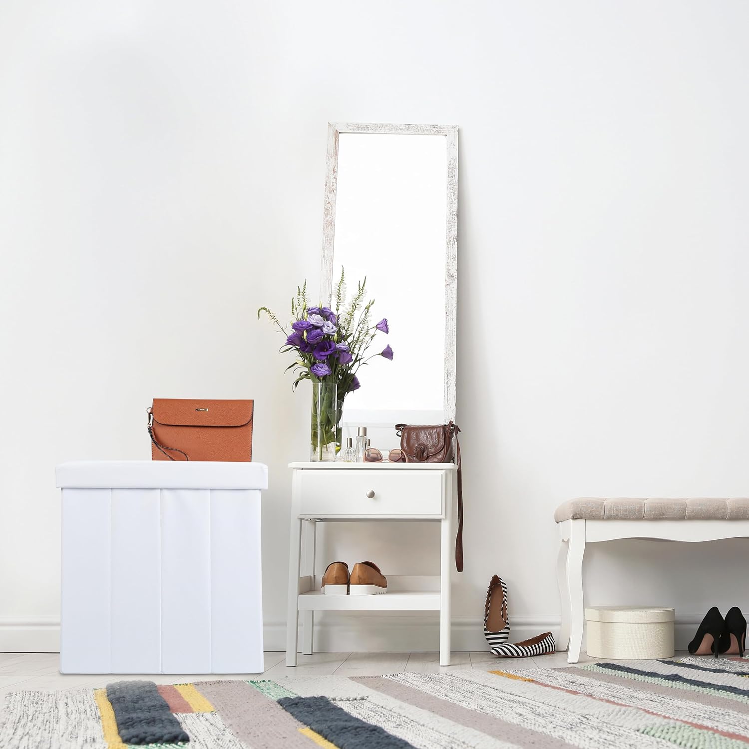 Relaxdays Stool with Storage Space, Imitation Leather, Upholstered, Foldable, Living Room, HWD: 49 x 48.5 x 27 cm, White, Fibreboard