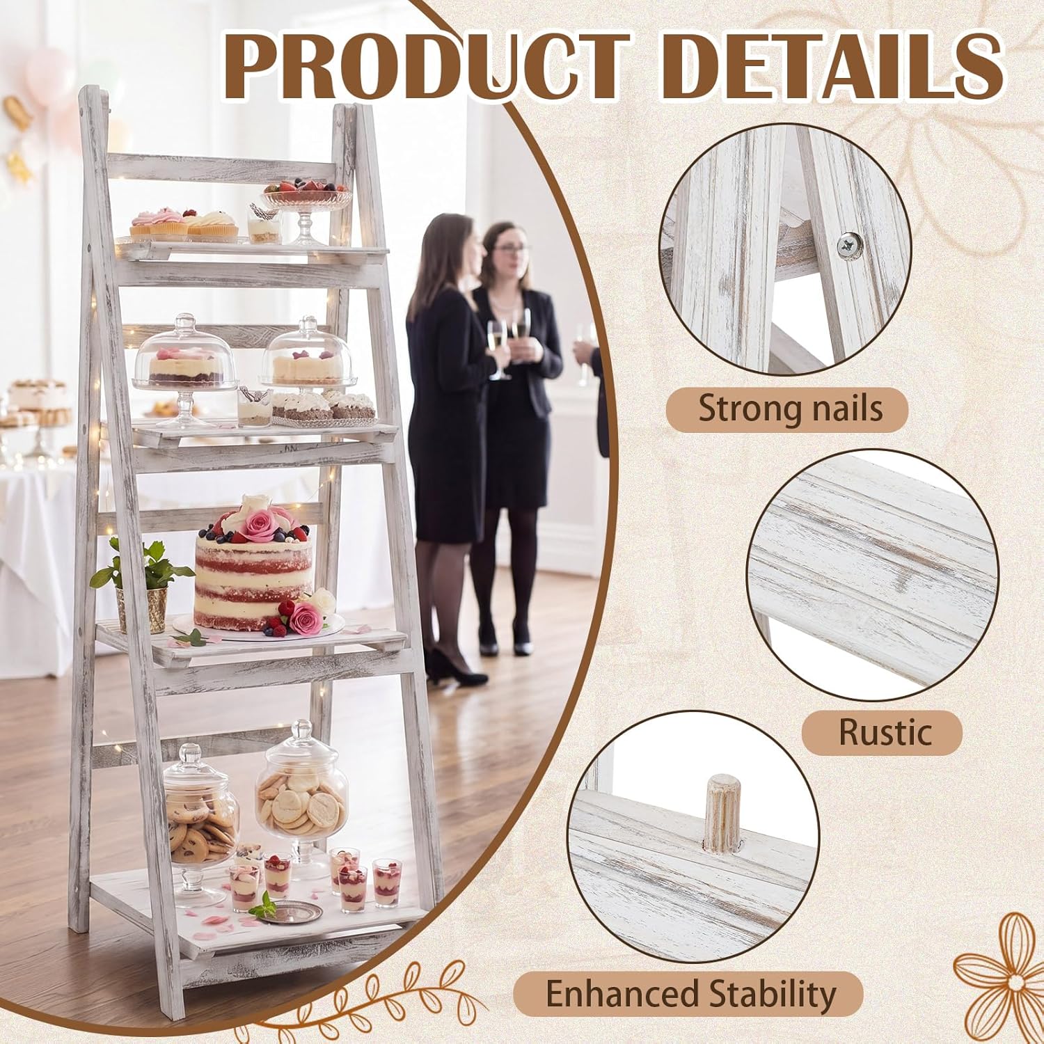 Sintuff White Wooden 4-tier Foldable Ladder Shelf, Sturdy Dessert & Snack Display Stand for Birthday Party & Wedding, Indoor Stand Corner Storage Bookshelf, Rustic Storage Rack, No Tool Assembly