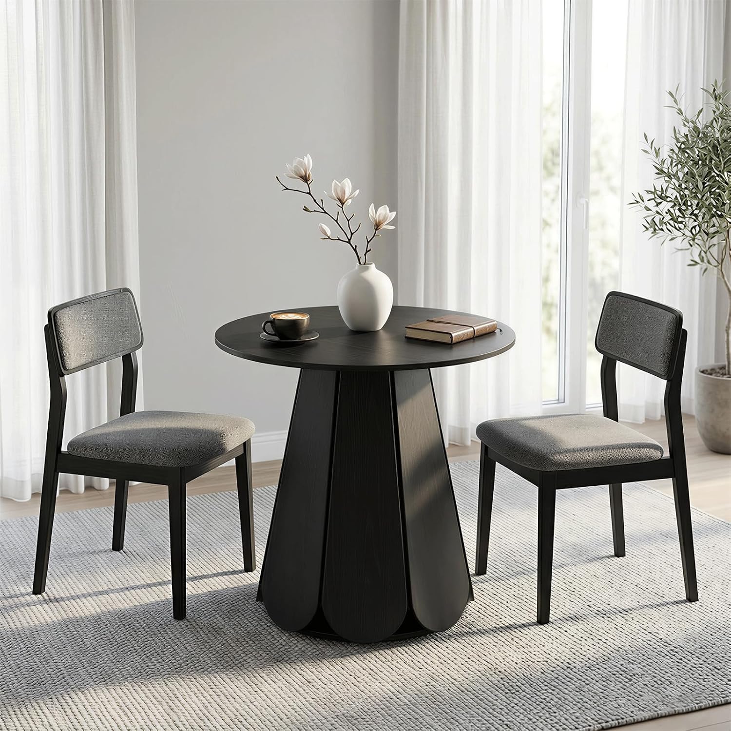 31.5" Round Dining Table, Small Circle Kitchen Table for 2-4 People, Modern Farmhouse Wood Dinning Room Tables with Pedestal Base, Space Saving Dinner Tables for Small Spaces, Mesa de Comedor, Black