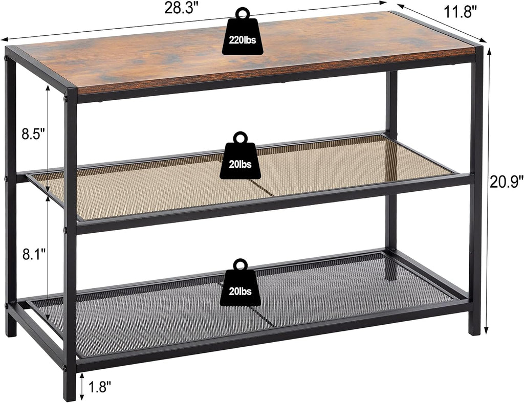 DUMOS 3-Tier Shoe Bench with Storage, Industrial Entryway Sturdy Shoe Rack Organizer Bench with Mesh Shelves for Entryway, Hallway & Living Room, Easy Assembly, Brown and Black