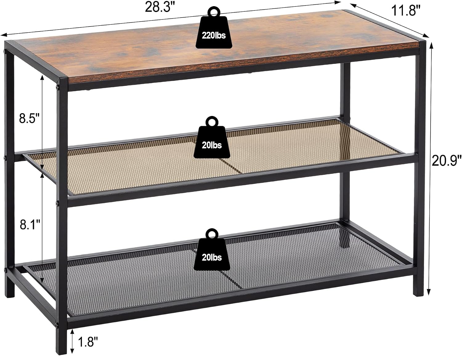 DUMOS 3-Tier Shoe Bench with Storage, Industrial Entryway Sturdy Shoe Rack Organizer Bench with Mesh Shelves for Entryway, Hallway & Living Room, Easy Assembly, Brown and Black
