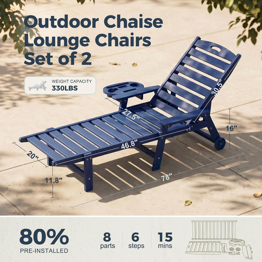 78" HDPE Chaise Lounge Chairs Set of 2, 6-Position Adjustable Poolside Recliner with Foldable Side Tray, Built-in Wheels, All Weather Waterproof Outdoor Patio Lounge Chair for Pool Deck Backyard, Navy