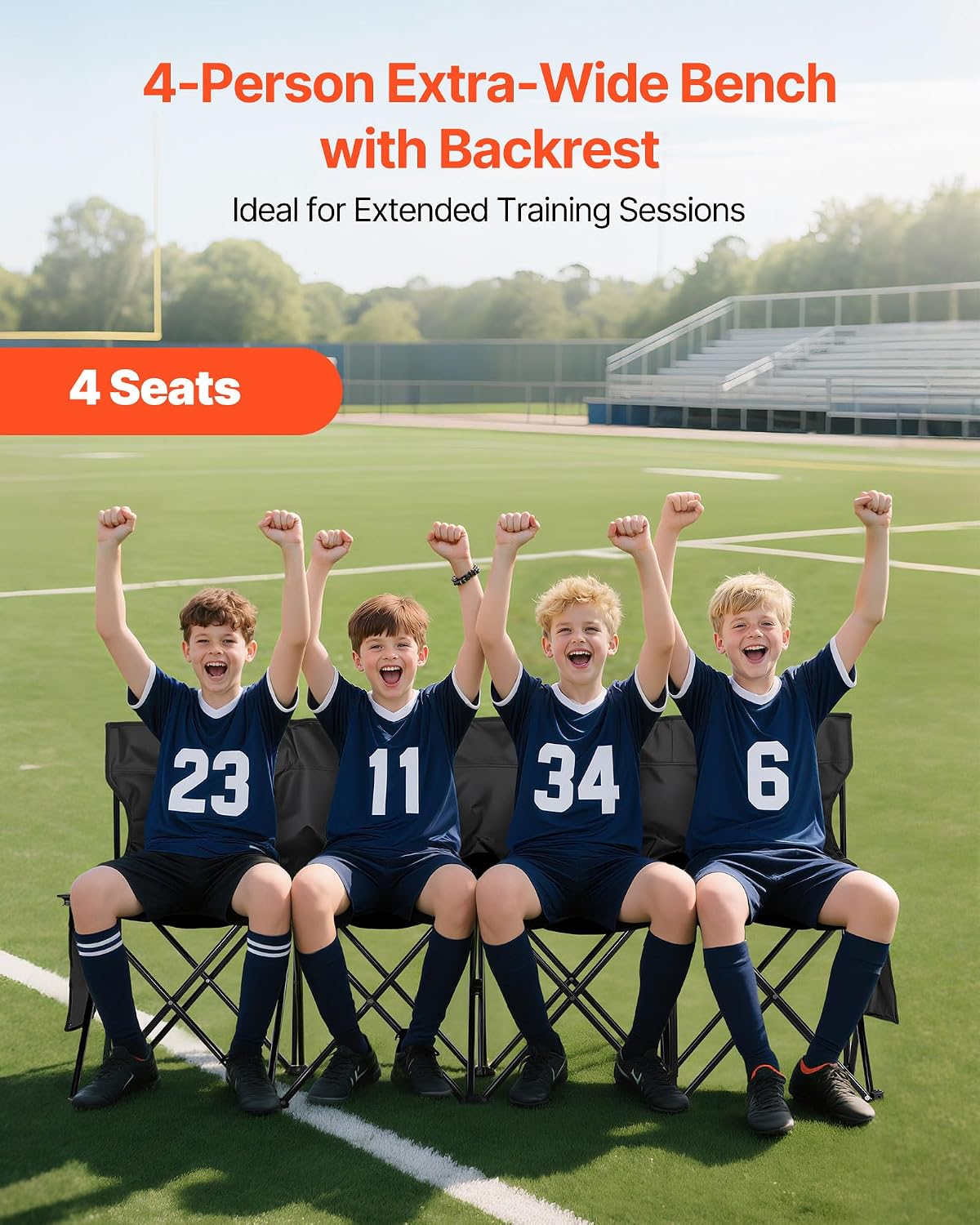VEVOR Portable Folding Bench, 4 Seat Foldable Soccer Bench with Side Pockets and Carrying Bag, Lightweight Sideline Seating with Back Rest for Football, Baseball, Camping, Outdoor Events, Black